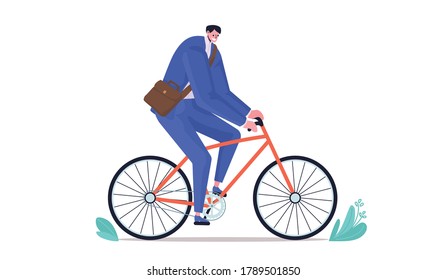 Businessman ride on bicycle vector illustration. Calm young man is riding a leisurely bicycle background