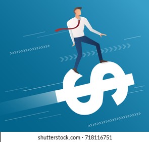 businessman ride on dollar icon and blue background, business concept illustration vector 