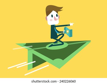 businessman ride on money paper air plane. business launch concept. vector illustration