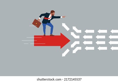Geschäftsmann fährt auf rotem Pfeil und bricht die Reihenfolge. Bessere Entscheidungen treffen.