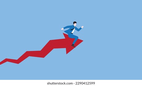 A businessman ride on a rising arrow rocket. Dash forward for new business opportunity, recession challenge, achivement, drive to success, motivation, career development, ambition and growth concept.