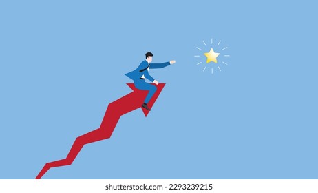 A businessman ride on a rising arrow rocket, reaching for the star. dash forward to new business opportunity, Reach targets, goal, drive to success, challenge, motivation, ambition and growth concept.