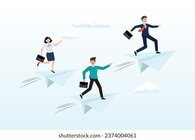 Businessman ride paper airplane origami lead team flying to success, success leadership to lead team to achieve goal, motivation or aspiration to drive company, teamwork or career opportunity (Vector)