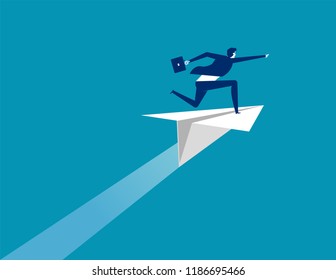 Businessman ride paper plane and pointing to target. Concept business vector illustration, Flat business cartoon, Character style design, Success