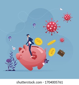 Businessman ride piggy bank runaway from corona virus and coins splattered-Business vector concept