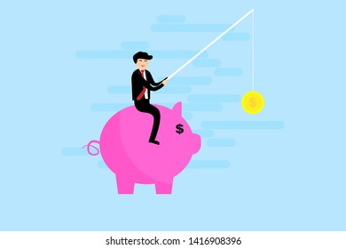 Businessman ride Piggy bank Saving money concept. The hand holding  coin hook. Vector flat design.