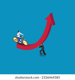 Businessman rides bicycle on arrow going up supported by another businessman isometric 3d vector illustration concept for banner, website, illustration, landing page, flyer, etc