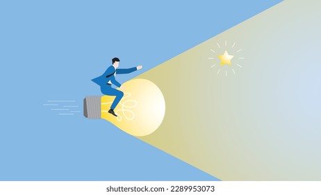 A businessman rides a big light bulb rocket, searching for the star. dash forward to new business opportunity, problem-solving, idea, creativity, inspiration, drive to success and creative concept.