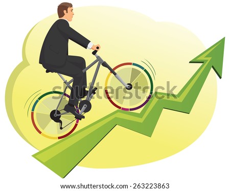 Businessman rides a bike with colorful pie diagrams instead of wheels