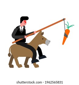 Businessman rides donkey and carrot. driving donkey. Goal achievement concept