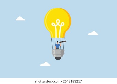 businessman rides light bulb balloon with telescope and looks for a vision.