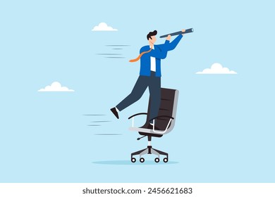 Businessman rides office chair while using telescope to see future, illustrating career foresight and vision. Concept of seeking out new job opportunities and pathways to success in workplace