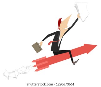 Businessman rides on an arrow sign concept illustration. Smiling man with papers and bag flies sitting on the arrow sign isolated on white 
