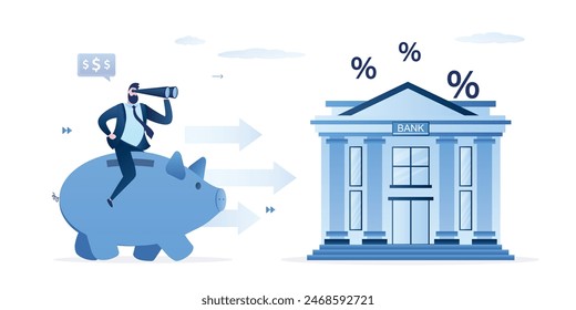 Businessman rides on piggy bank to financial building. Protection of savings in bank. High percentage of profit on bank deposit. Smart man, money management. Passive income. Flat vector illustration