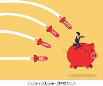 Businessman rides a piggy bank to escape business troubles. Financial crisis concept