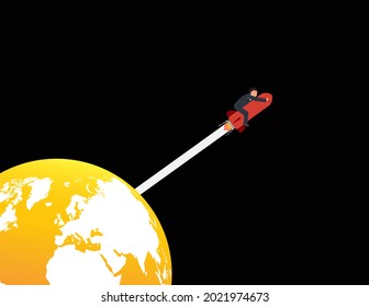 Geschäftsmann fährt eine Rakete ins Weltall. Weltwirtschaftskonzept oder Geschäftsgelegenheit