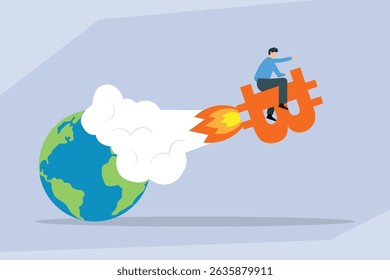 businessman rides a rocket-powered Bitcoin symbol blasting off from Earth, illustrating cryptocurrency's global impact, rapid growth, and energy consumption concerns