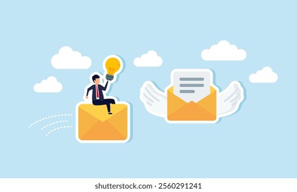 A businessman rides a thrown envelope carrying a lit lamp, chasing a flying envelope with wings, illustration of pursuing new business contract targets aligned with business ideas