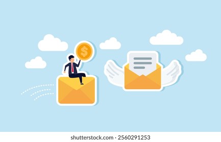 A businessman rides a thrown envelope carrying a dollar coin, chasing a flying envelope with wings, illustration of pursuing profitable new business contract targets