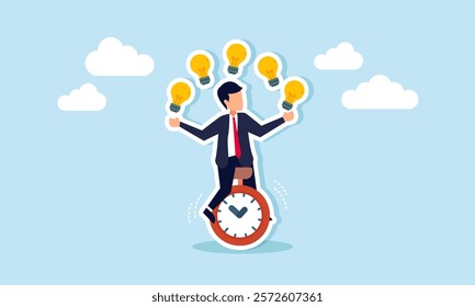 A businessman rides a unicycle while juggling lamps, illustration of thinking to determine the right and relevant ideas to apply in business