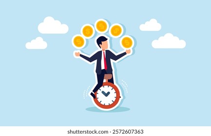 A businessman rides a unicycle while juggling dollar coins, illustration of a deadline in determining the right and profitable direction for business investment policy