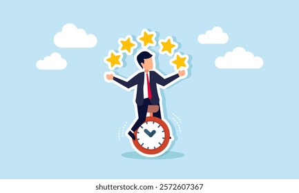 A businessman rides a unicycle while juggling stars, illustration of a deadline in improving business quality to meet the business timeline