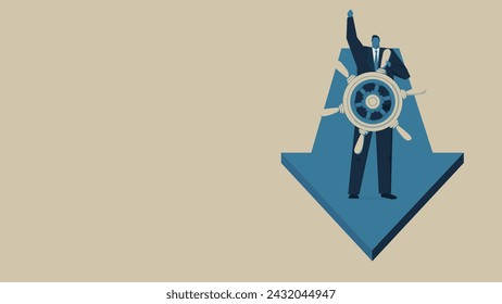 A businessman is riding an arrow. He is at the helm.