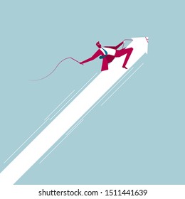 Businessman riding arrow symbol. Isolated on blue background.