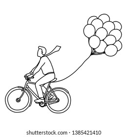 businessman riding bicycle with balloons vector illustration sketch doodle hand drawn with black lines isolated on white background