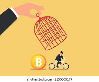 businessman riding a bicycle and bitcoin run away from government cage.government try to control crypto, cryptocurrency regulation