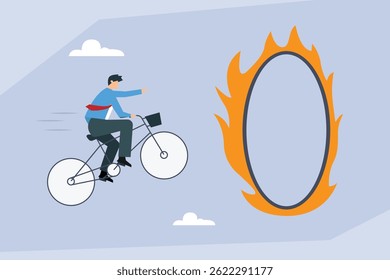 businessman riding a bicycle and jumping through a ring of fire, symbolizing risk-taking and overcoming challenges