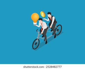 Businessman Riding a bicycle with light bulb 3d isometric vector illustration