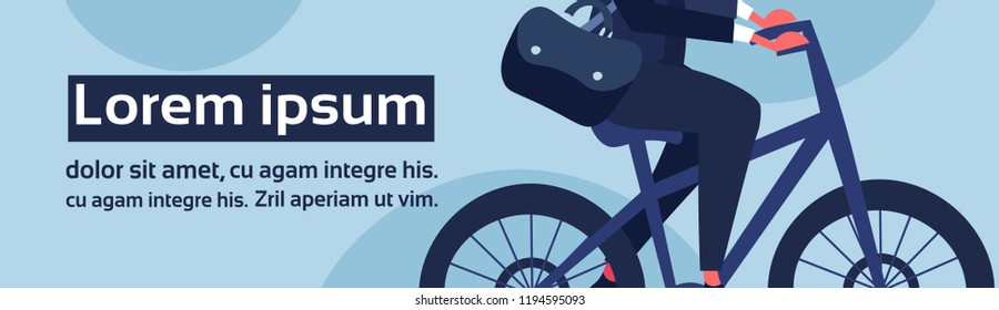 Businessman riding bicycle office worker business man healthy lifestyle ecology transport male cartoon character horizontal banner copy space flat vector illustration