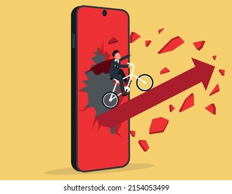 Businessman riding bicycle on an arrow coming out of a mobile phone screen.digital online business concept