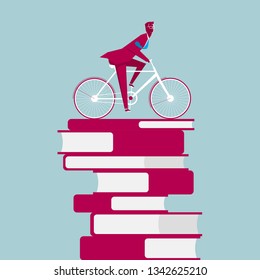 Businessman riding a bicycle on the books. Isolated on blue background.