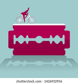 Businessman riding a bicycle on a razor blade. background is  blue .