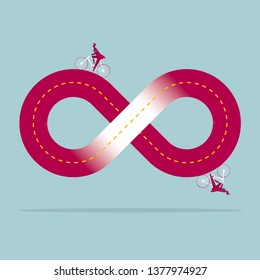 Businessman riding a bicycle on the road in an infinite loop. Isolated on blue background.