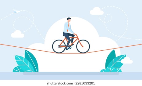 Businessman is riding a bicycle on a rope. Acrobat, performer, challenge concept. Young man acrobat circus artist riding on bike on a rope over blue sky. Confidence skill success. Vector illustration