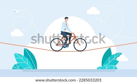 Businessman is riding a bicycle on a rope. Acrobat, performer, challenge concept. Young man acrobat circus artist riding on bike on a rope over blue sky. Confidence skill success. Vector illustration