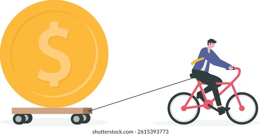 businessman riding a bicycle pulling money. Symbol of Running a Company, Managing, Leadership, Innovation, Success, Ambition, Finance.

