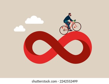 Empresario en bicicleta viajando en un ciclo infinito. Ciclo de negocios, trabajo rutinario infinito o trayectoria profesional, competencia al éxito, ilusión imposible. Ilustración vectorial moderna plana.