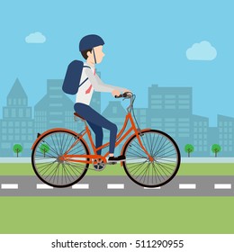 Businessman riding bicycle to work Flat design.