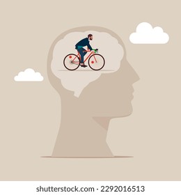 Businessman riding the bike in  inside of a brain. Modern vector illustration in flat style