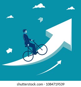 Businessman riding bike on the rising arrow. Business metaphor, vector illustration