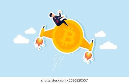 A businessman is riding a bitcoin jet soaring into the sky, illustration of the positive trend of bitcoin's valuation towards an all-time high.