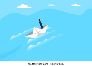 Businessman riding boat on the sea while looking forward. Business challenge vector concept
