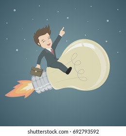 Businessman Riding Bulb on Night Sky Background.