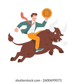 Businessman riding bull with bullish market trend, holding crypto currency success trading flat illustration