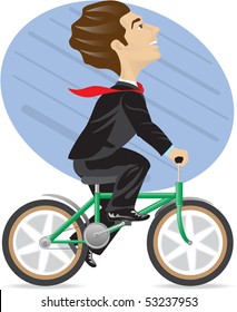 The businessman is riding the byke. Isolated on white.