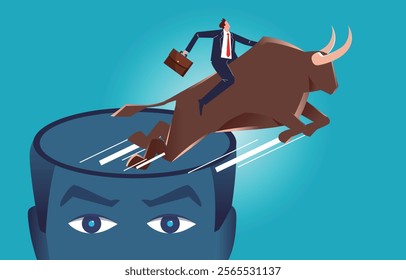 businessman riding a crazy bull out of the brain